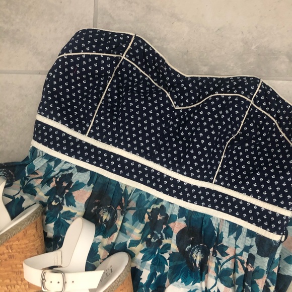 Blue Floral Print Strapless Dress - Picture 4 of 7